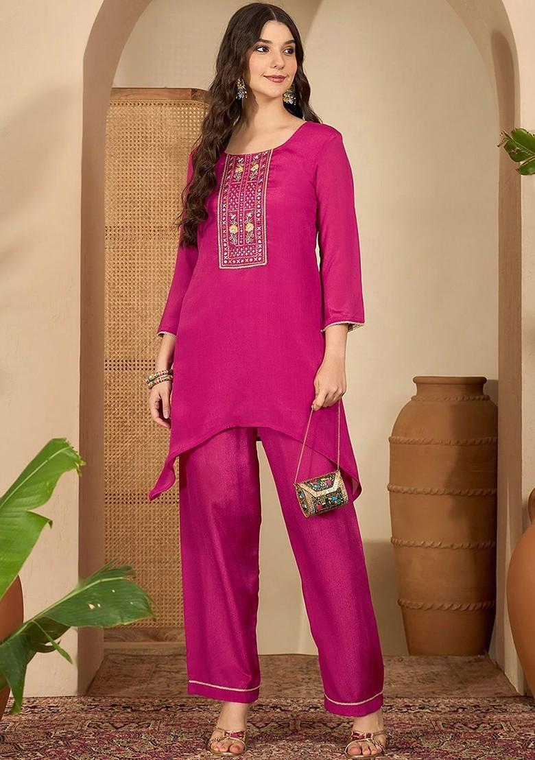 Magenta Embroidered Blended Kurta Set - Indya