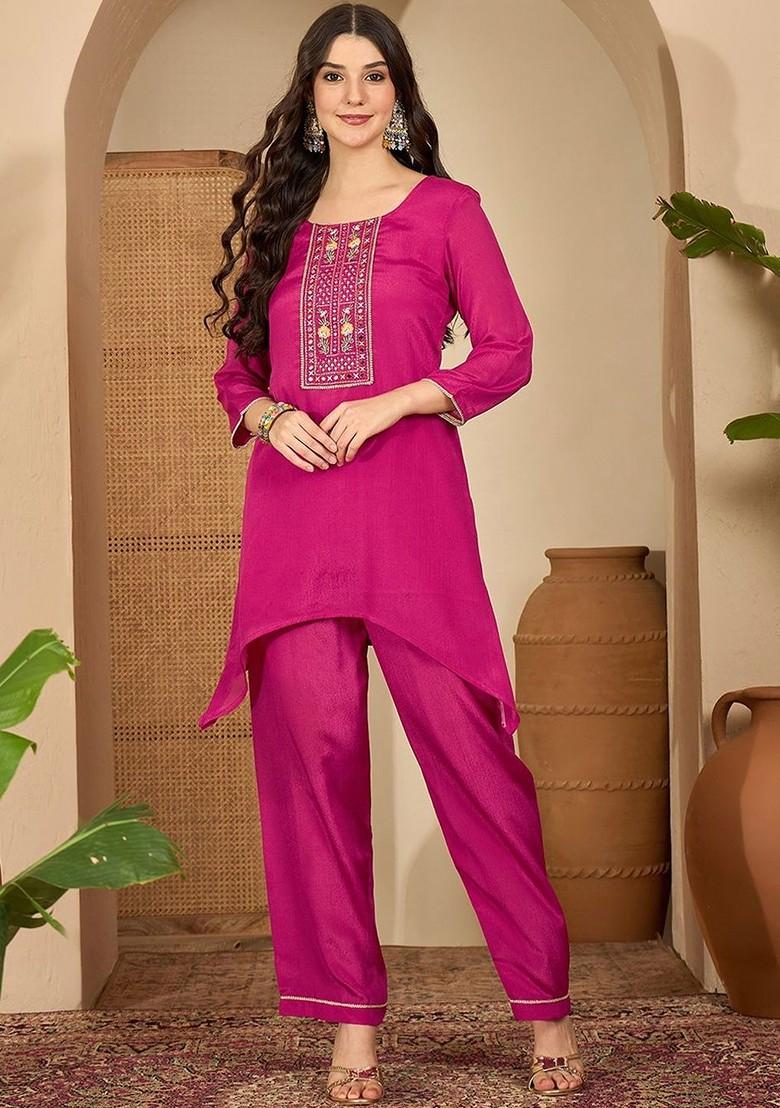 Magenta Embroidered Blended Kurta Set - Indya