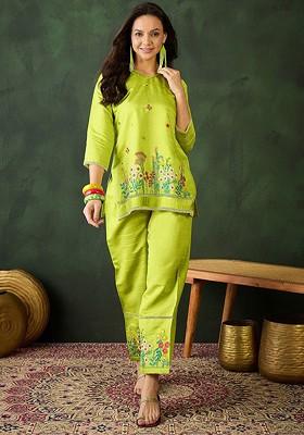 Lime Green Embroidered Blended Kurta Set