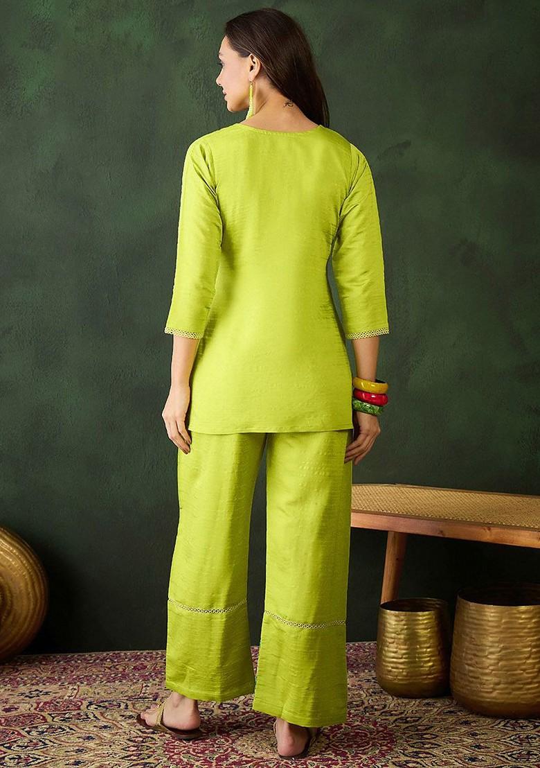 Lime Green Embroidered Blended Kurta Set - Indya