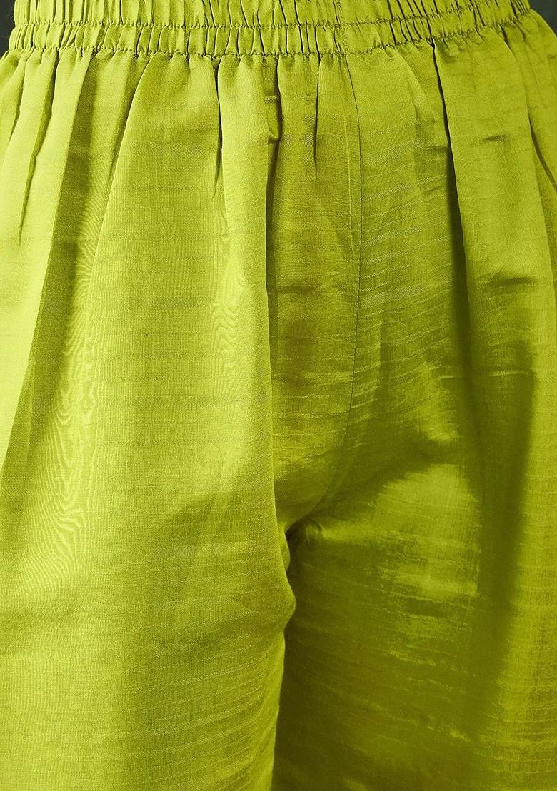 Lime Green Embroidered Blended Kurta Set - Indya