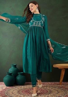 Teal Sequinned Blended Kurta Set