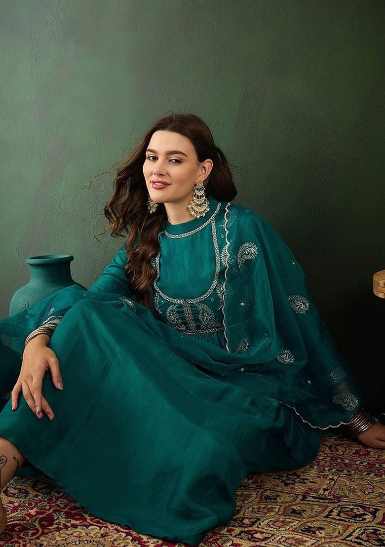 Teal Sequinned Blended Kurta Set - Indya