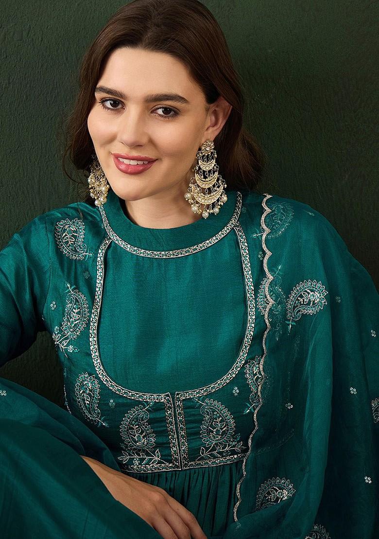 Teal Sequinned Blended Kurta Set - Indya