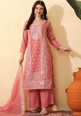 Peach Embroidered Blended Kurta Set