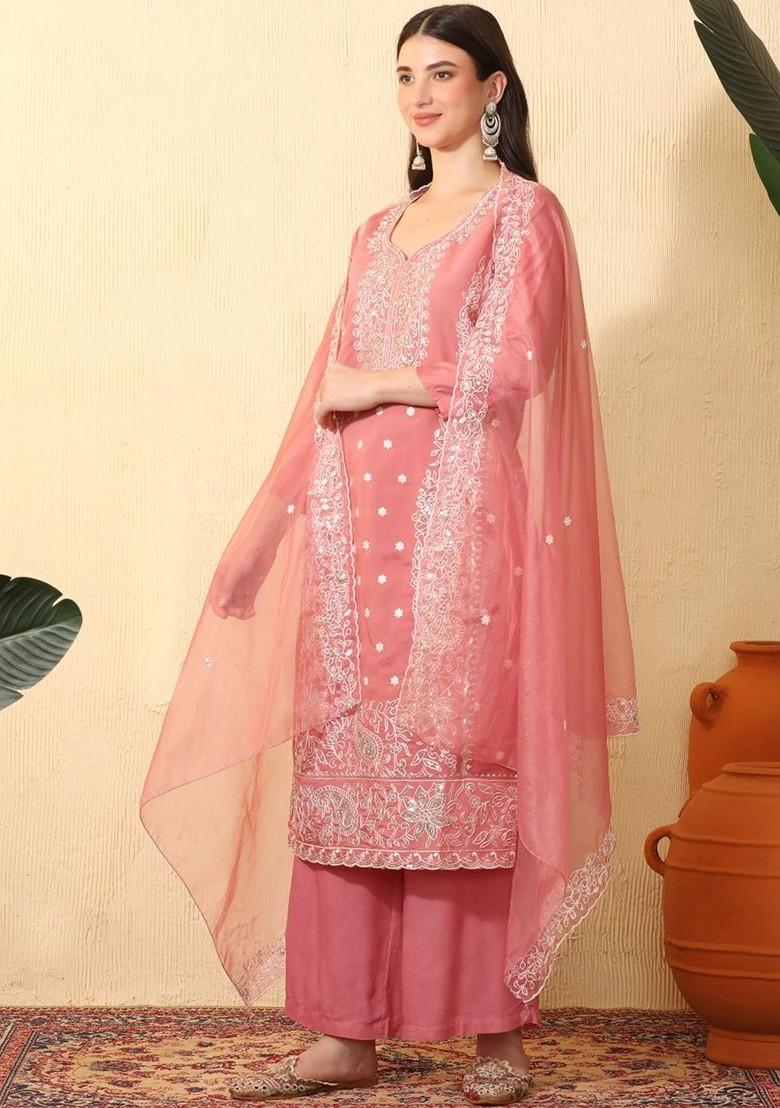 Peach Embroidered Blended Kurta Set - Indya
