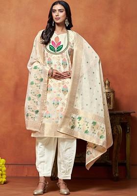 Off White Embroidered Blended Kurta Set