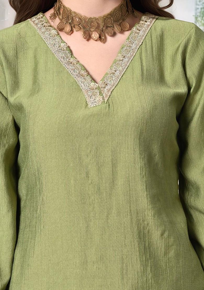 Green Solid Blended Kurta Set - Indya