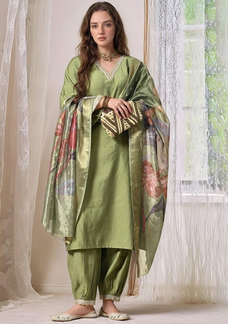 Green Solid Blended Kurta Set - Indya