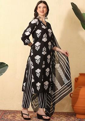 Black Printed Blended Kurta Set