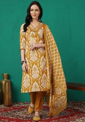 Yellow Printed Blended Kurta Set