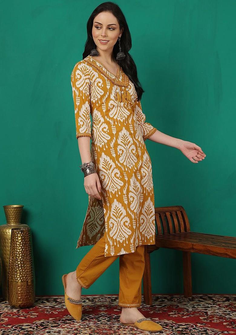 Yellow Printed Blended Kurta Set - Indya