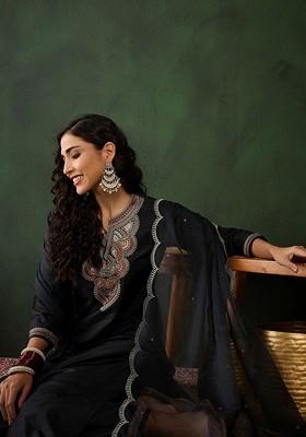 Black Yoke Design Blended Kurta Set