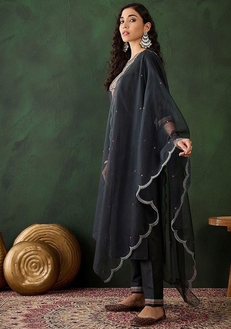 Black Yoke Design Blended Kurta Set - Indya