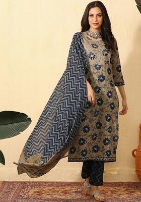 Beige Printed Blended Kurta Set