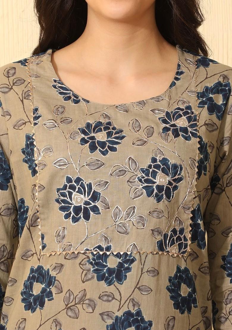 Beige Printed Blended Kurta Set - Indya