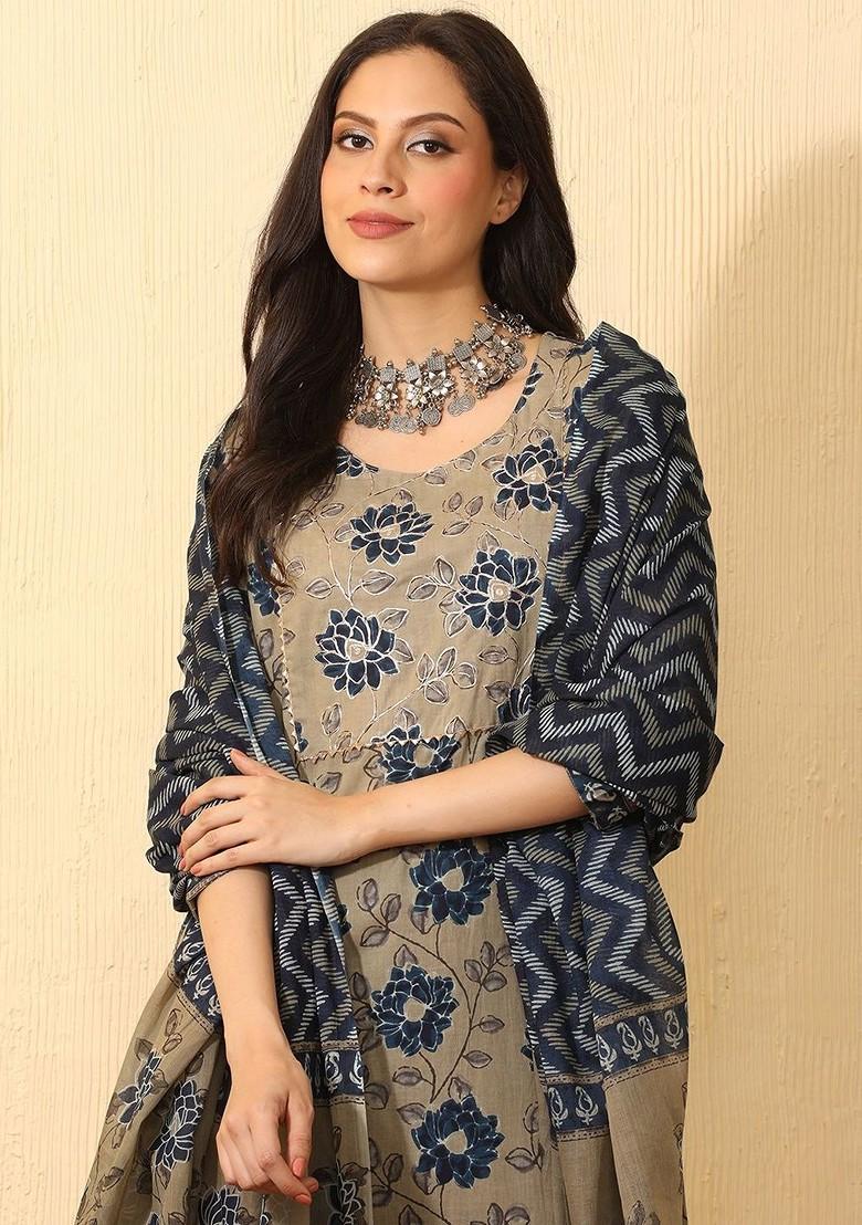 Beige Printed Blended Kurta Set - Indya