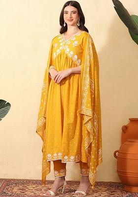 Mustard Printed Blended Kurta Set