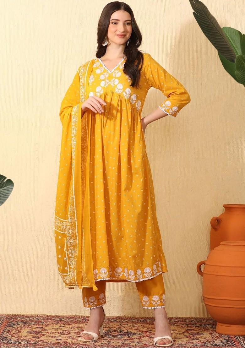 Mustard Printed Blended Kurta Set - Indya