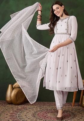 White Embroidered Blended Kurta Set