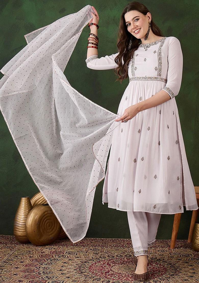 White Embroidered Blended Kurta Set - Indya