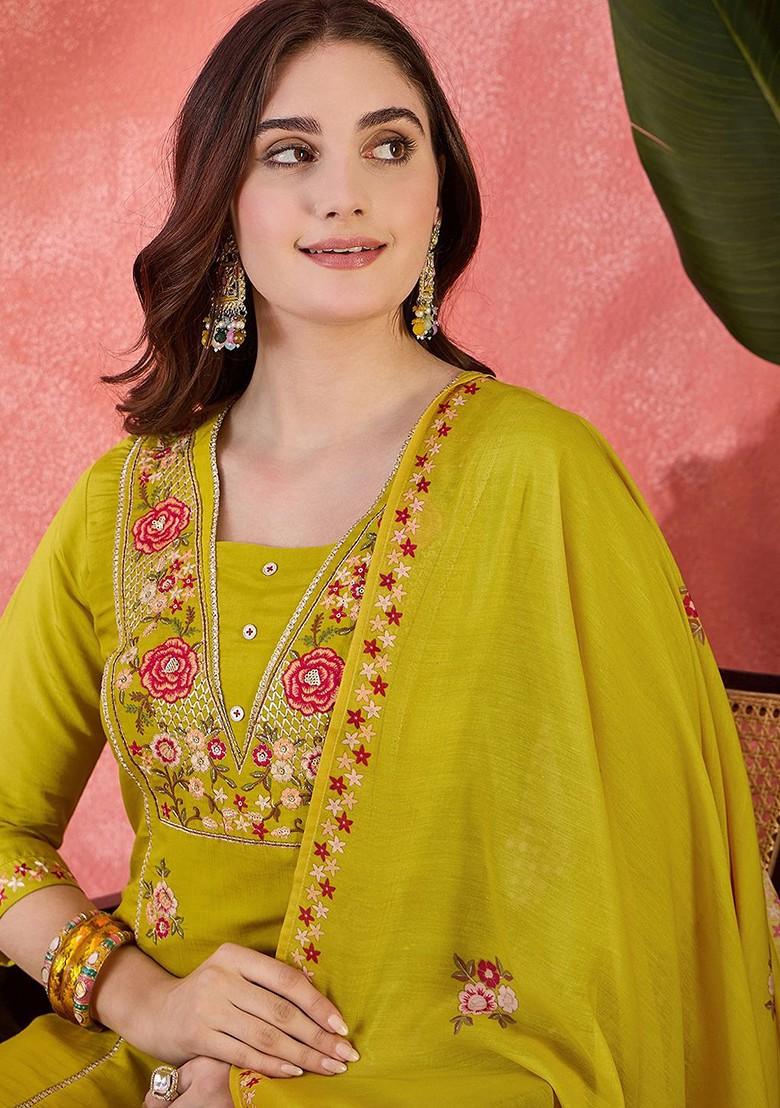 Yellow Embroidered Blended Kurta Set - Indya