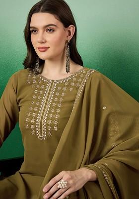 Olive Embroidered Blended Kurta Set