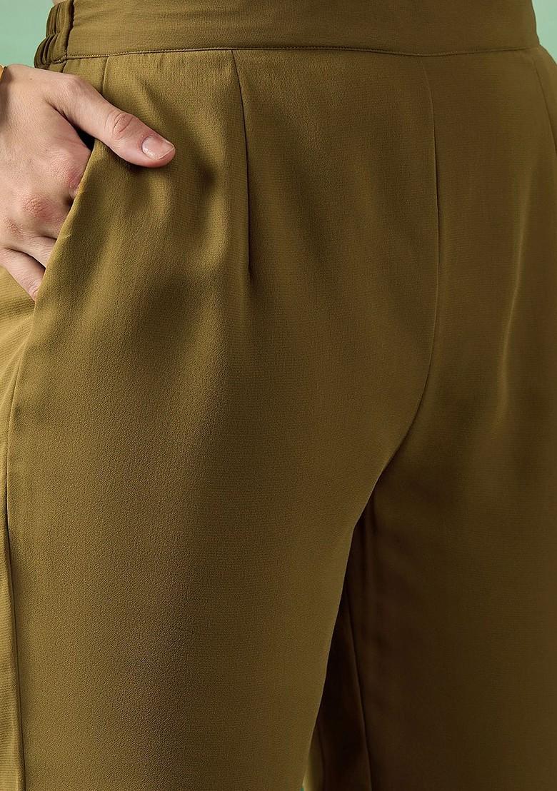 Olive Embroidered Blended Kurta Set - Indya