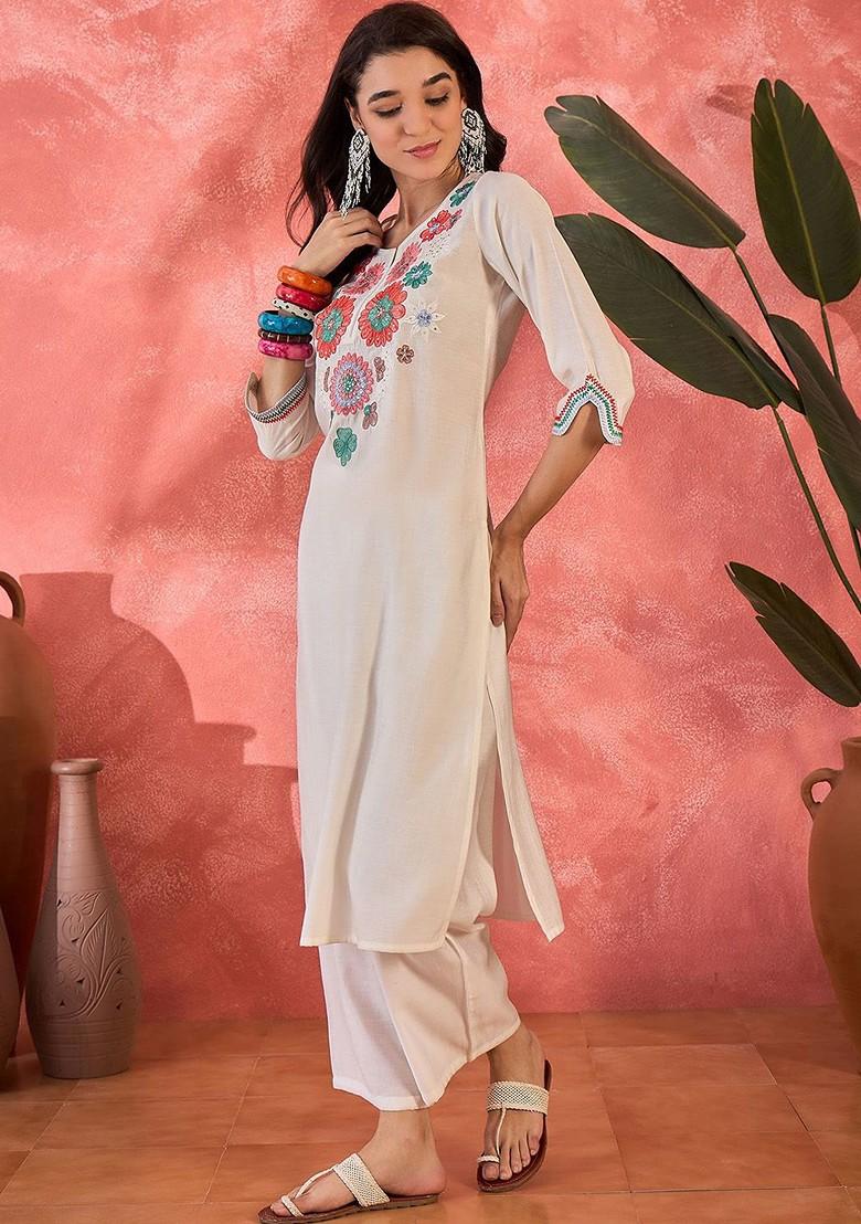 Off White Embroidered Blended Kurta Set - Indya