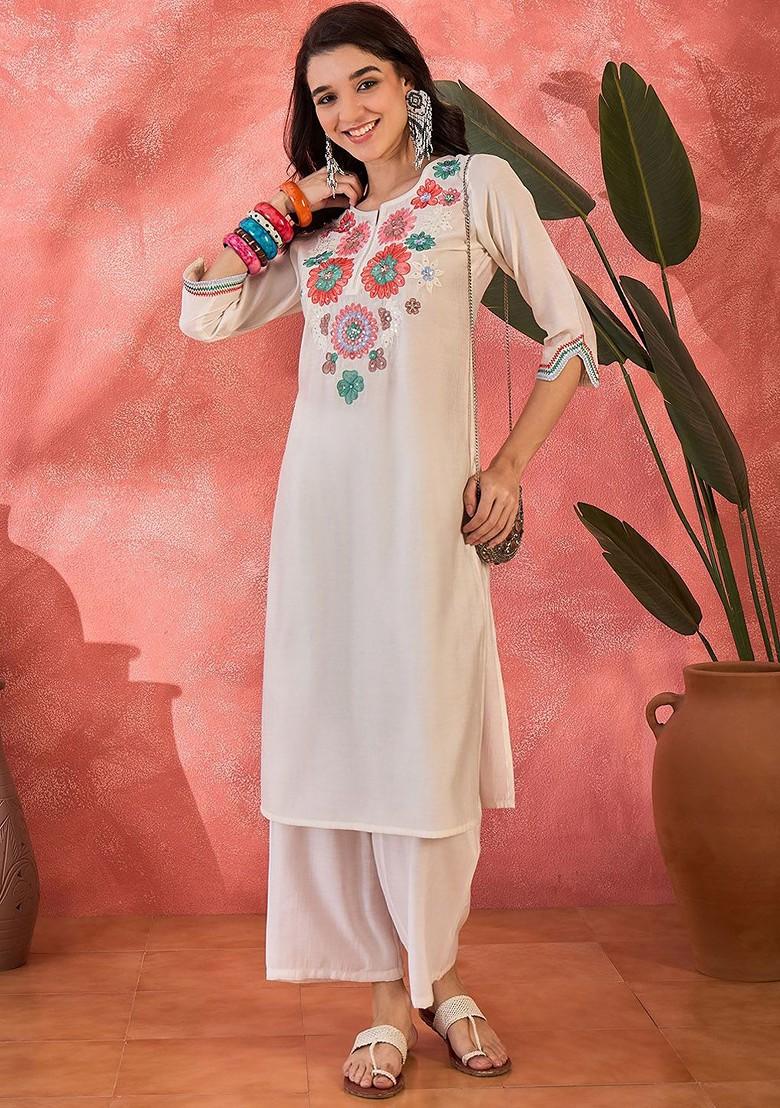 Off White Embroidered Blended Kurta Set - Indya
