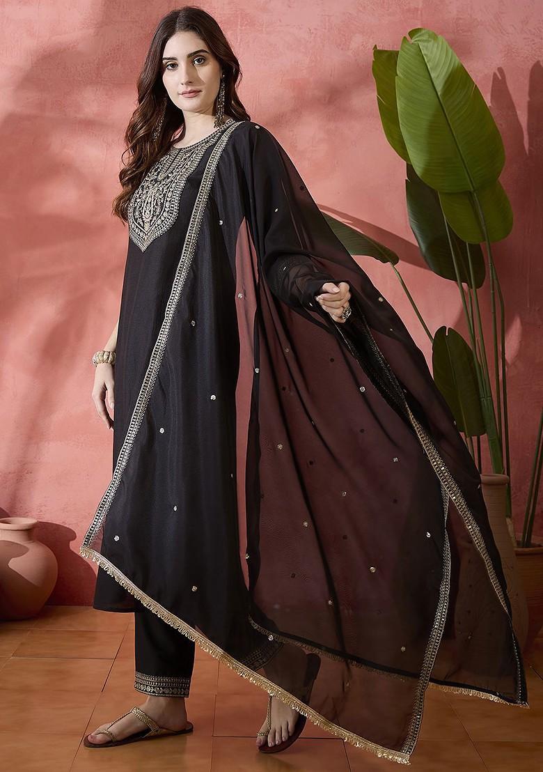 Black Embroidered Blended Kurta Set - Indya