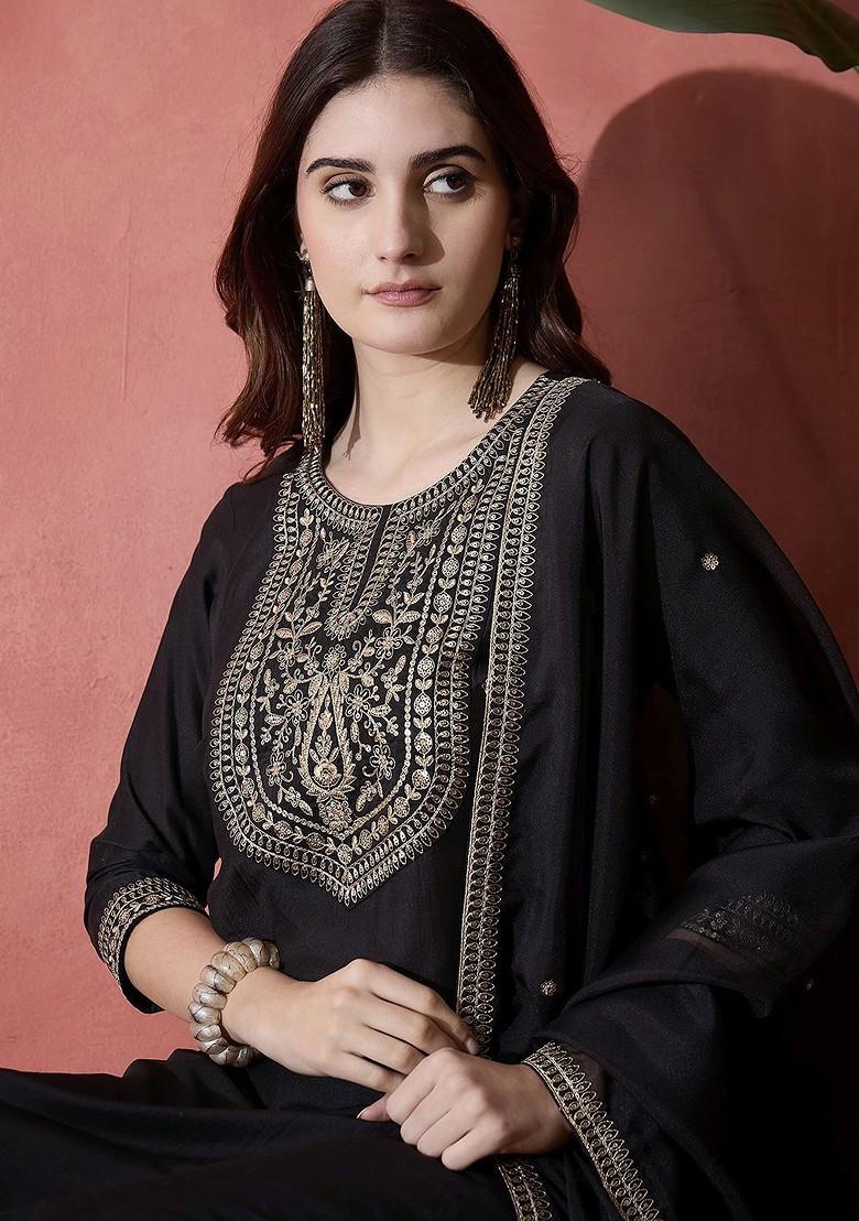 Black Embroidered Blended Kurta Set - Indya