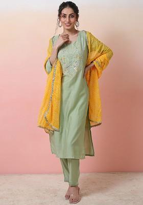 Green Embroidered Blended Kurta Set