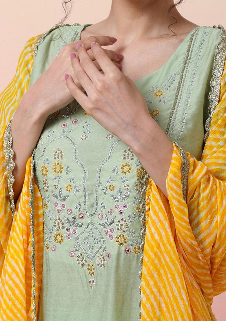 Green Embroidered Blended Kurta Set - Indya