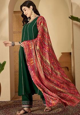 Green Thread Work Blended Kurta Set
