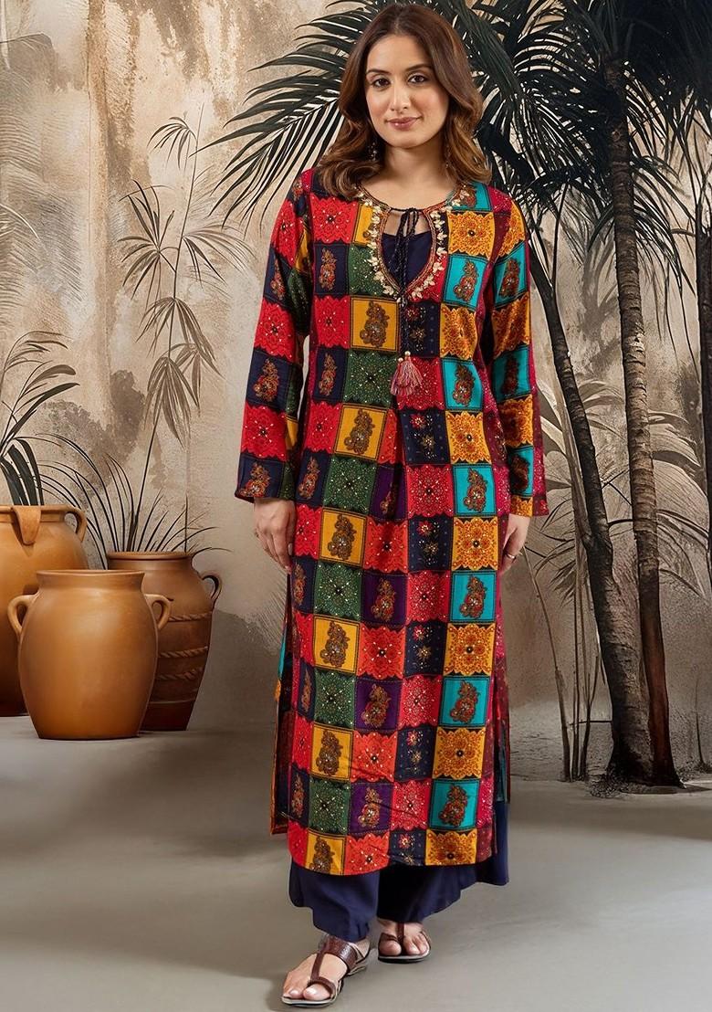 Black Printed Blended Kurta Set - Indya