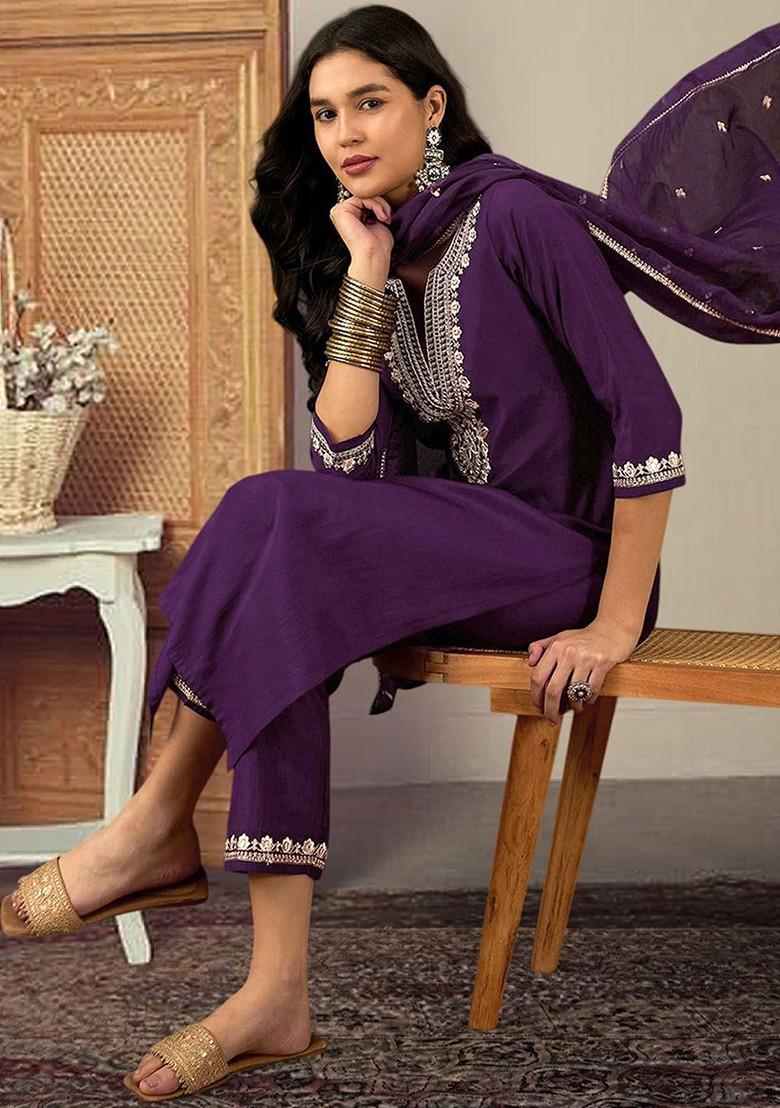 Magenta Yoke Design Blended Kurta Set - Indya