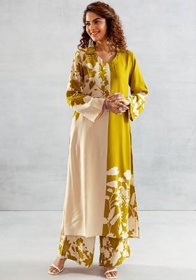 Lime Green Printed Blended Kurta Set