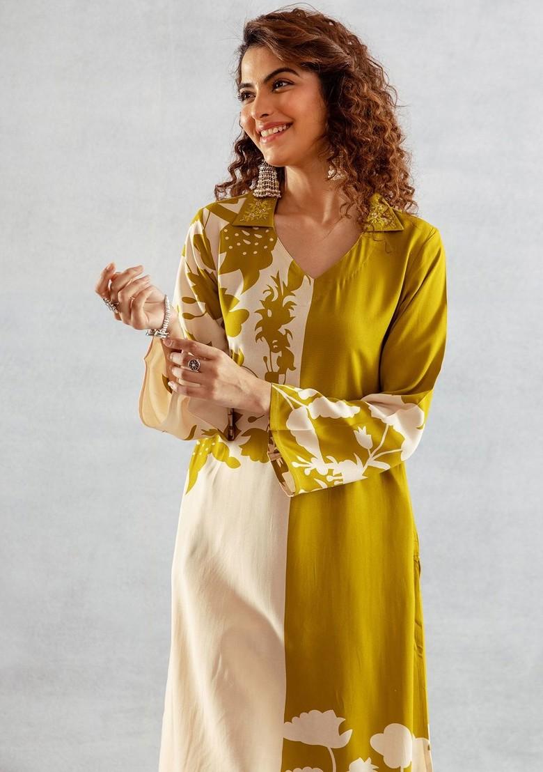 Lime Green Printed Blended Kurta Set - Indya