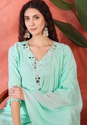 Sea Green Embroidered Blended Kurta Set