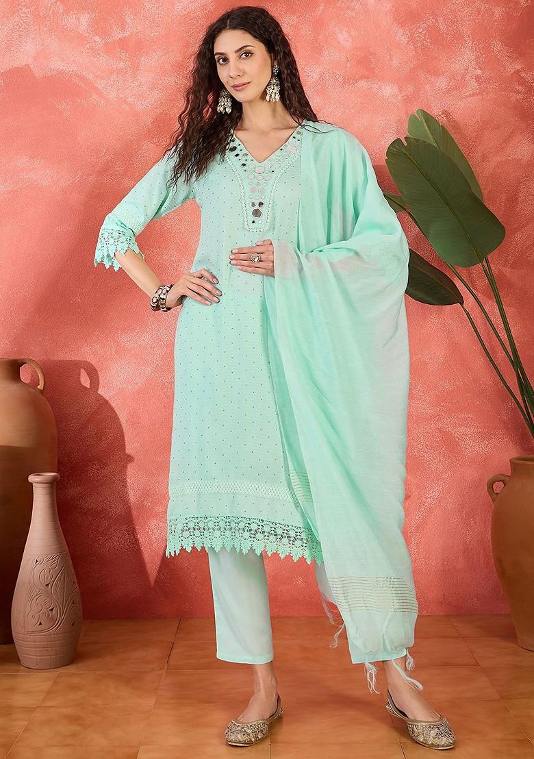 Sea Green Embroidered Blended Kurta Set - Indya