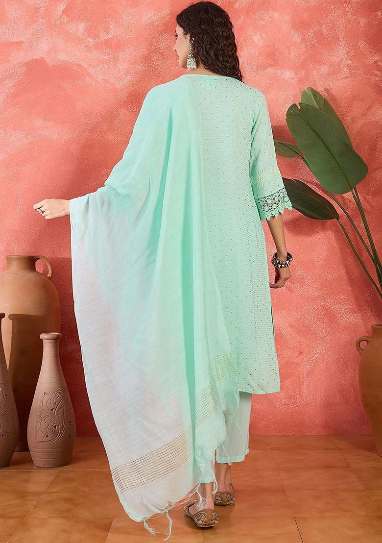 Sea Green Embroidered Blended Kurta Set - Indya