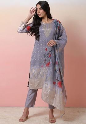 Grey Printed Blended Kurta Set