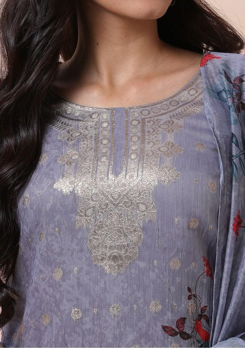 Grey Printed Blended Kurta Set - Indya