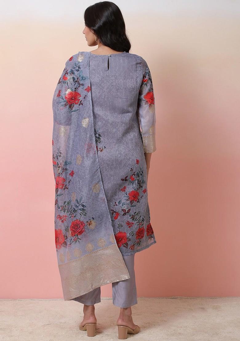 Grey Printed Blended Kurta Set - Indya