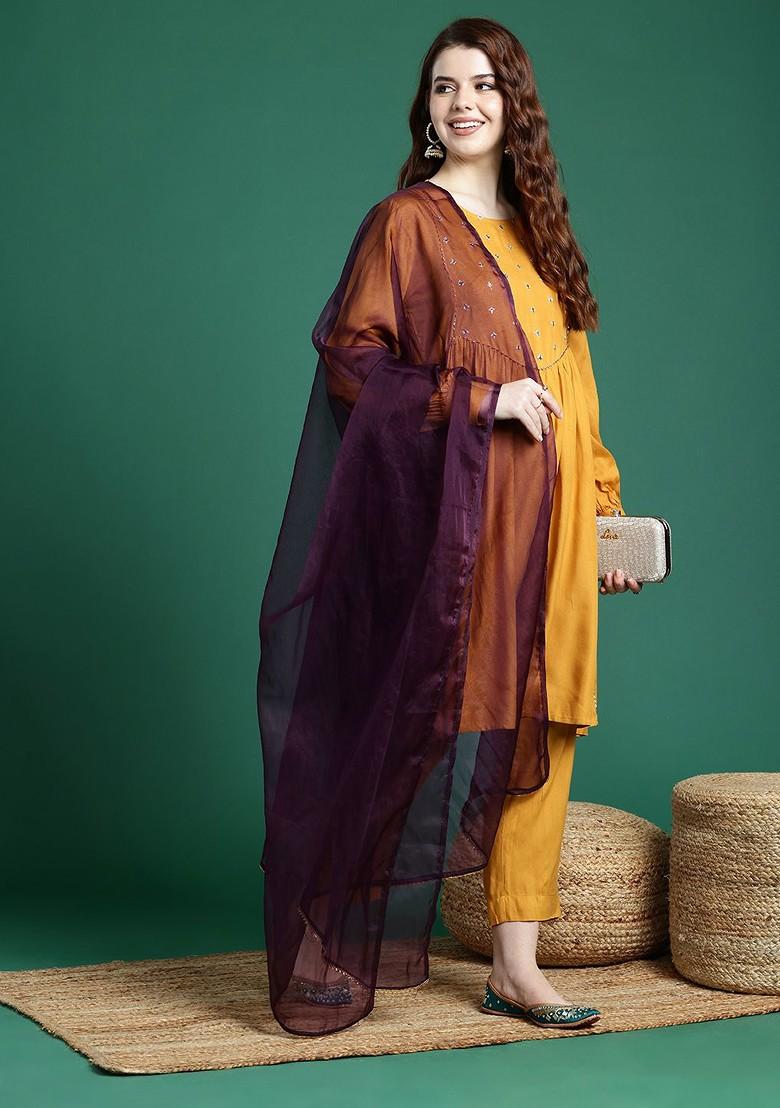 Mustard Embroidered Blended Kurta Set - Indya