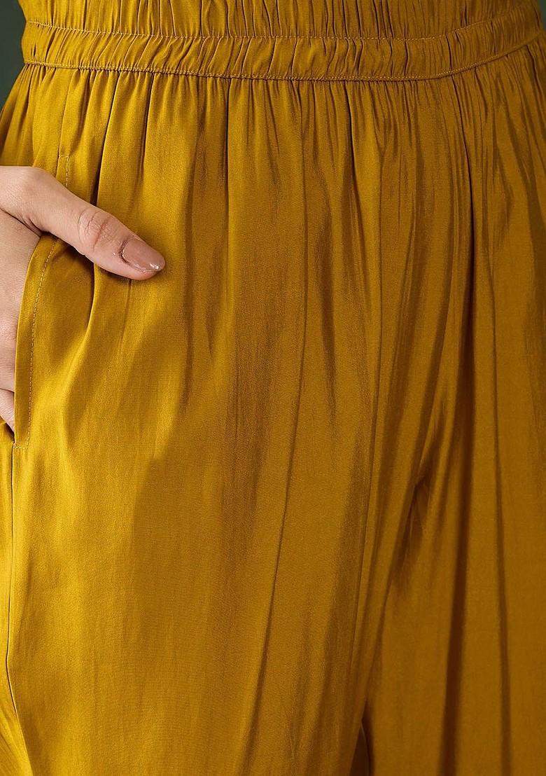 Mustard Embroidered Blended Kurta Set - Indya