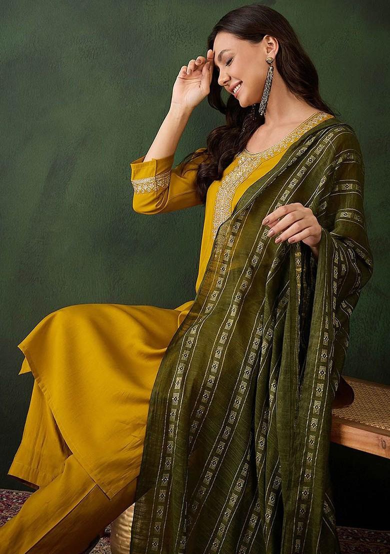 Mustard Embroidered Blended Kurta Set - Indya