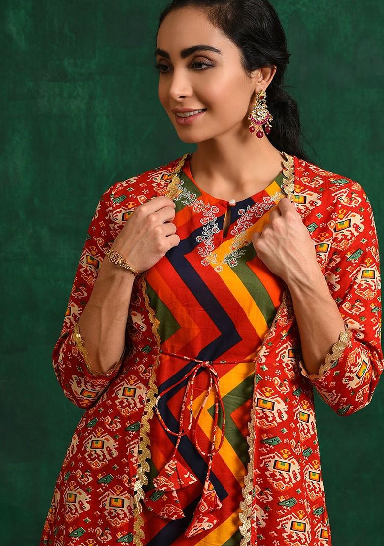 Red Printed Blended Kurta Set - Indya