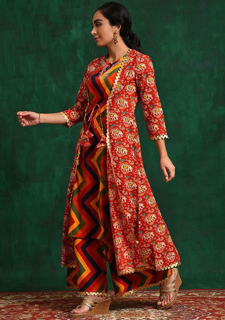 Red Printed Blended Kurta Set